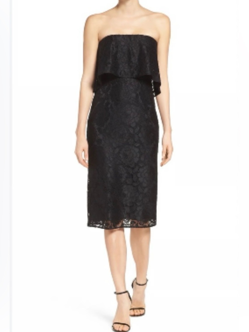 LIKELY Black Lace Driggs Off The Shoulder Bodycon Midi Dress Size 6